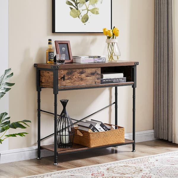VECELO Console Side Table w/ Drawers, 11.8 in. W Vintage Hallway Foyer Table w/ Rectangle Shelves, 31.5 in. H Sofa Table, Brown