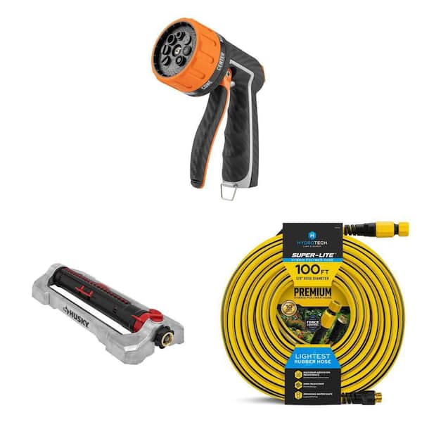 5/8 in. x 100 ft. Hybrid Hose, 4500 sq. ft. Oscillating Sprinkler and Heavy Duty 8-Pattern Nozzle Watering Set (3-Piece)