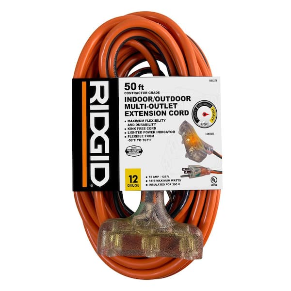 RIDGID 50 ft. 12/3 Heavy Duty Indoor/Outdoor Extension Cord with Tritap Lighted End, Orange/Grey