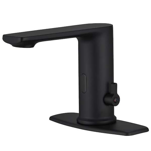 Automatic Sensor Touchless Single Hole Bathroom Sink Faucet with Deck Plate in Matte Black