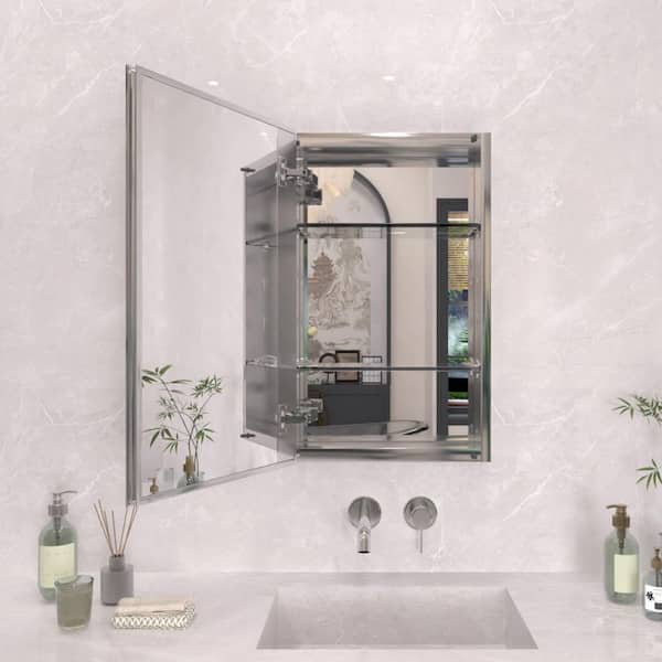 15 in. x 24 in. Frameless Recessed or Surface-Mount Beveled Single Mirror Bathroom Medicine Cabinet