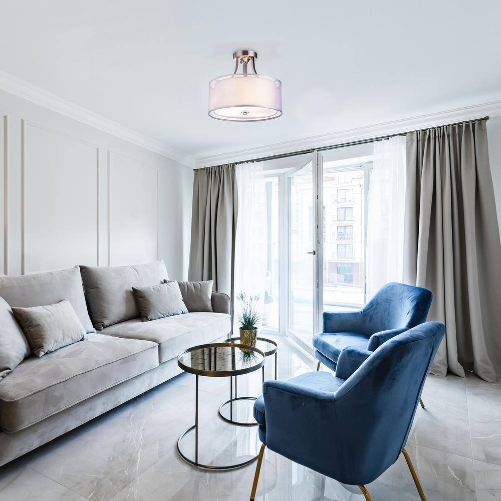 Modern Brushed Nickel 13.8" Double Drum Crystal Semi Flush Mount Chandelier