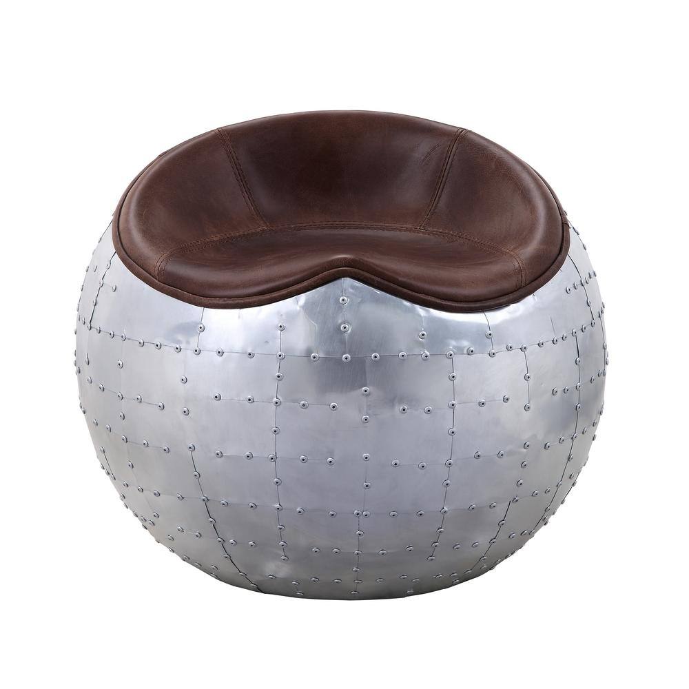Retro Brown Top Grain Leather and Aluminum Round Ottoman
