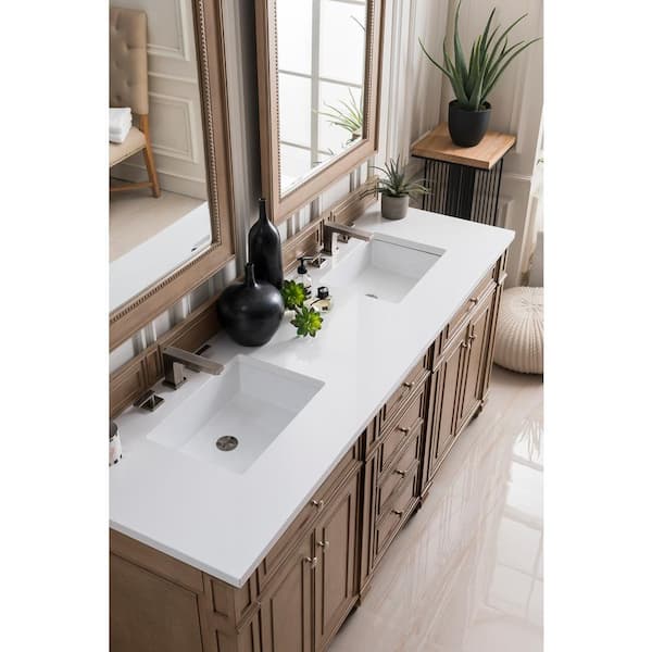 James Martin Vanities Bristol 72.0 in. W x 23.5 in. D x 34 in. H Bathroom Vanity in Whitewashed Walnut with White Zeus Quartz Top