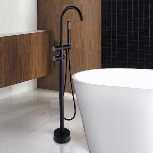 2-Handle Free Standing Floor Mount Bathroom Tub Faucets with Handheld Shower in Matte Black