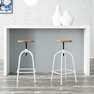 White Adjustable Backless Counter Stool with Wood Swivel Seat