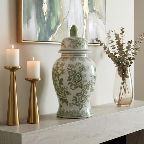 Green/White 14.25 in. Stoneware Traditional Floral Chinoiserie Jar