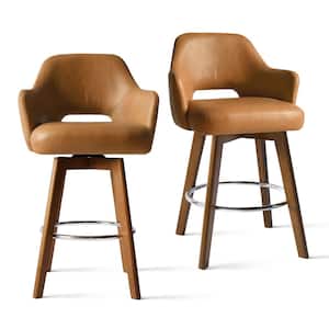 26.5 in. Brown High Back Swivel Wood Frame Counter Heigh Bar Stool with Faux Leather Seat (Single)