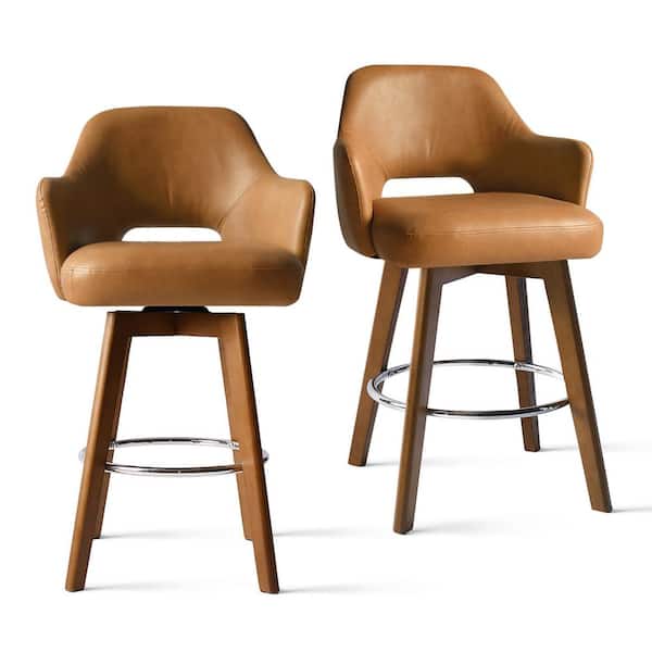 LAOTIES 26.5 in. Brown High Back Swivel Wood Frame Counter Heigh Bar Stool with Faux Leather Seat (Single)
