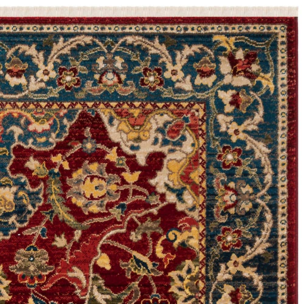 Red and Blue Floral Synthetic Rectangular Area Rug