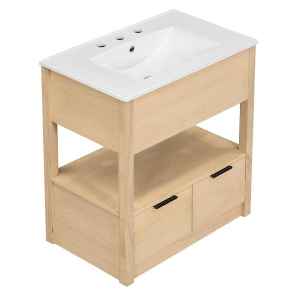 Unbranded 30 in. W x 18.3 in. D x 32.5 in. H Freestanding Bath Vanity in Natural Brown with White Porcelain Top, 2-Drawers