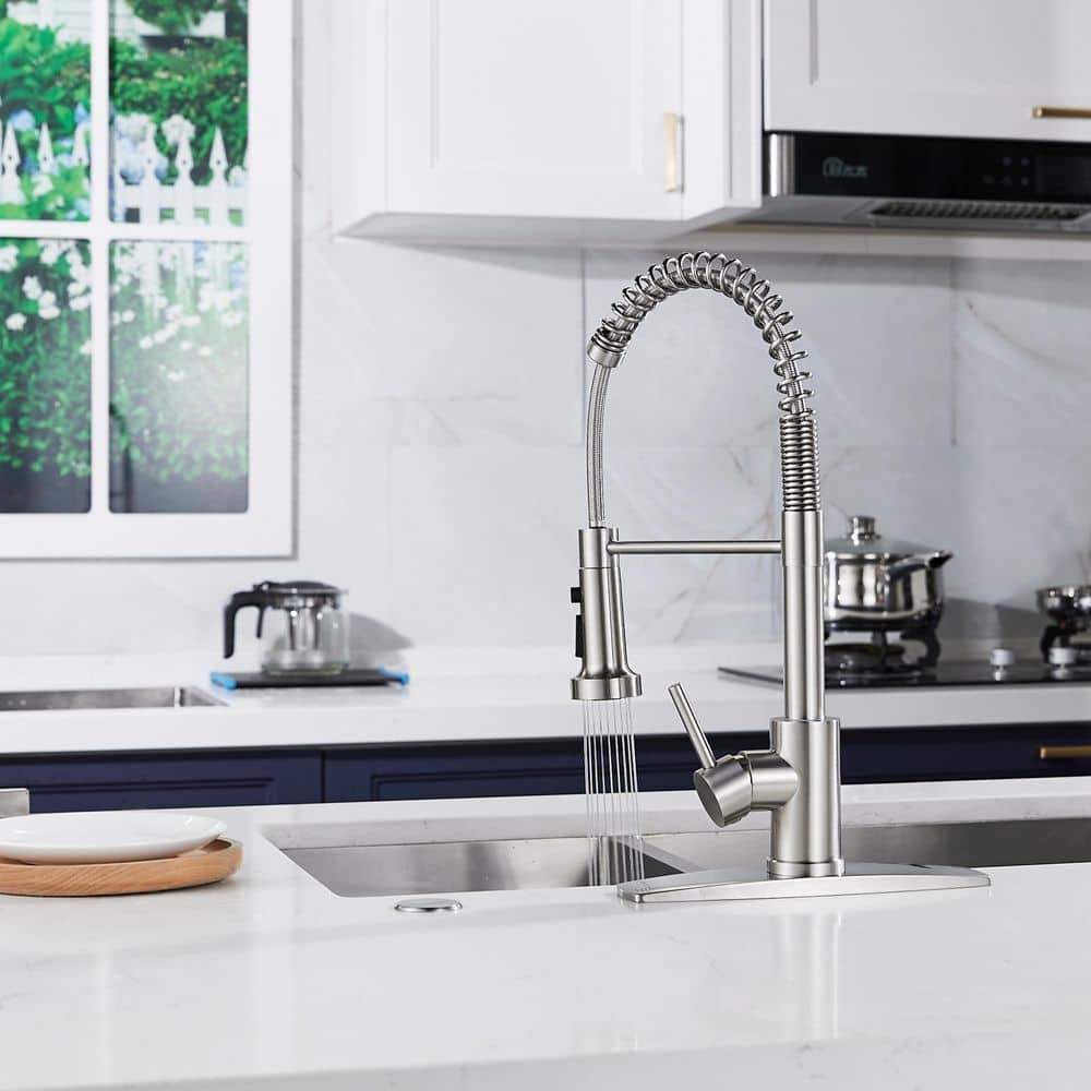 Brushed Nickel Single Handle Spring Kitchen Faucet with Pull Down Sprayer