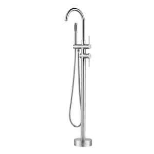 Modern 2-Handle Floor Mount Freestanding Tub Faucet Bathtub Filler with Hand Shower in. Brushed Nickel