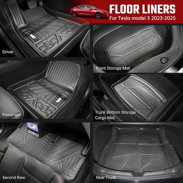 Odorless TPE Floor Mat For Tesla Model 3 2023-2025 6 PCS Waterproof Duty Proof Fully Surrounded Floor Liner Protection Foot Pad