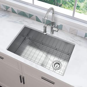 Professional Zero Radius 30 in. Undermount Single Bowl 16 Gauge Stainless Steel Kitchen Sink with Spring Neck Faucet