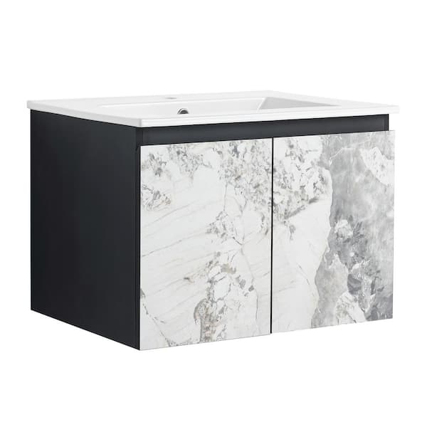 Yunus 24 in. Wall-Mounted Black Bath Vanity with White Ceramic Top