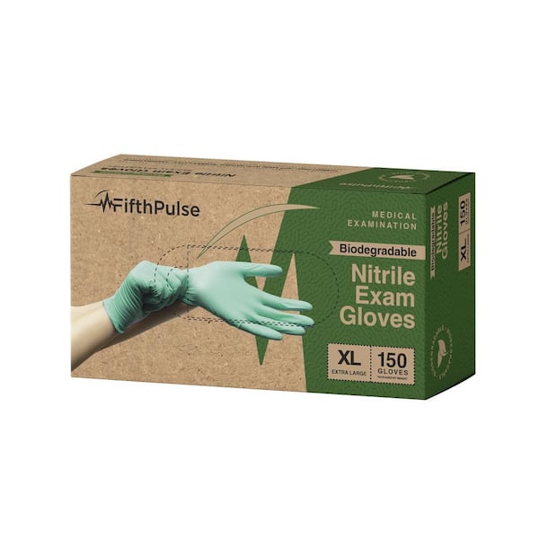 FifthPulse Extra Large - Biodegradable Nitrile Gloves, Medical Exam, Latex Free and Powder Free in Green - (150-Count)