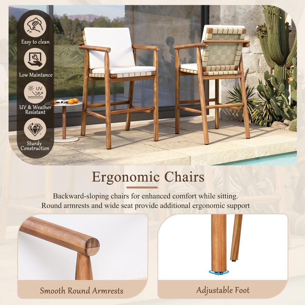 Features and specifications of the outdoor chairs, including materials and features.