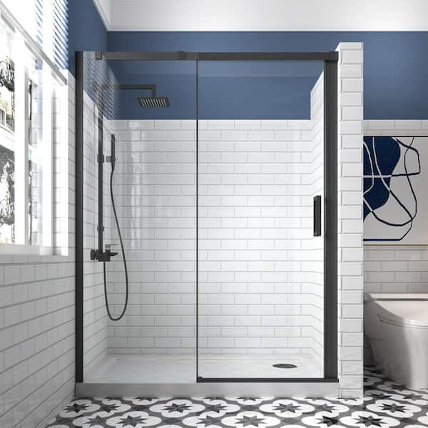 56-60 in. W x 74 in. H Sliding Semi Frameless Shower Door in Matte Black with 5/16 in. (8 mm) Tempered Clear Glass