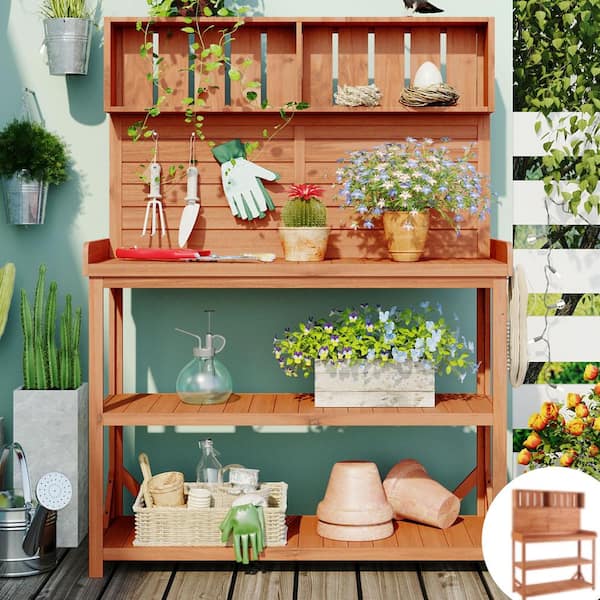 ToolCat 65 in. Large Wooden Farmhouse Rustic Outdoor Potting Bench Table, Patio Workstation, Garden Potting Bench, Natural