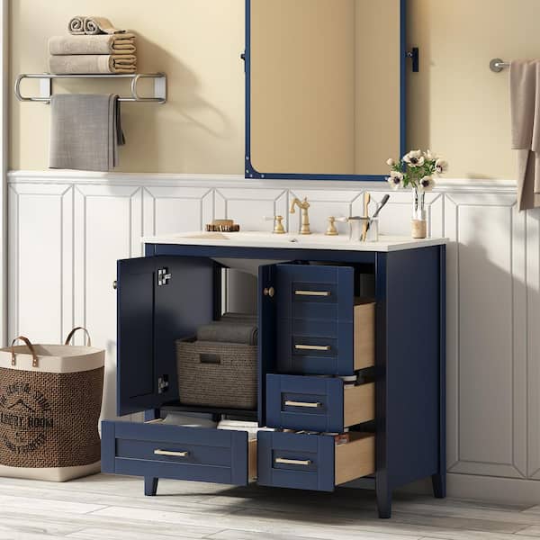 36 in. W x 18 in. D x 34.07 in. H Single Sink Freestanding Bath Vanity in Blue with White Cultured Marble Top