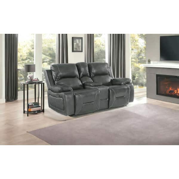 Charlie 77 in. Gray Solid Leather 2 Seat Loveseats with Recliner