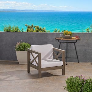 Brava Grey Removable Cushions Wood Outdoor Lounge Chair with White Cushions