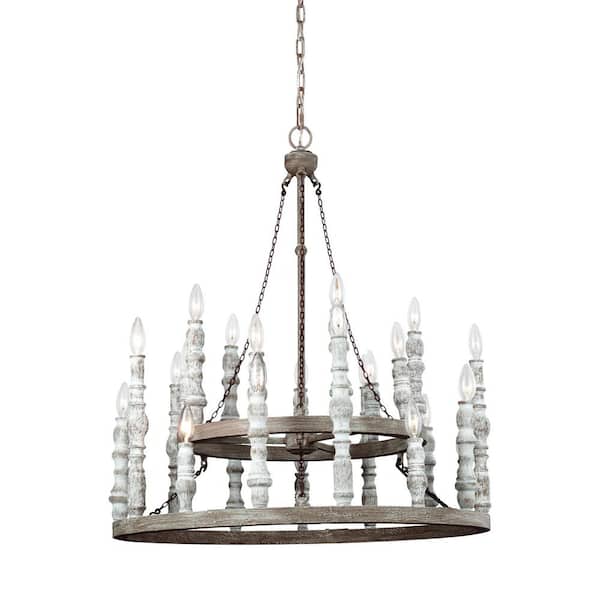Generation Lighting Norridge 24-Light Distressed White French Country Farmhouse Hanging Wagon Wheel Candlestick Chandelier