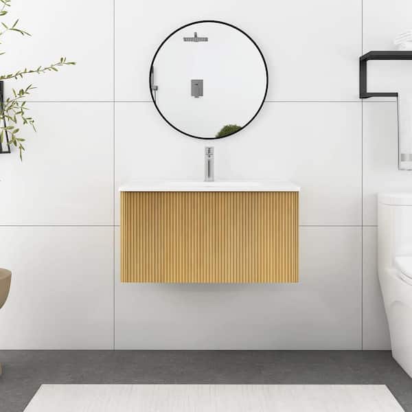 Boosicavelly 29.90 in. W 18.30 in. D 15.60 in. H Single Sink Wall-Mounted Bath Vanity in Oak with White Ceramic Top