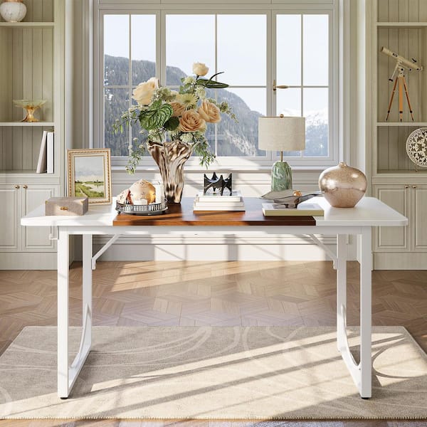 63 in. Executive Desk Lager Writing Desk with Metal Frame Home Office Desk, White