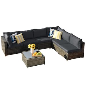 Gemini 7-Piece Wicker Outdoor Sectional Set with Black Cushions