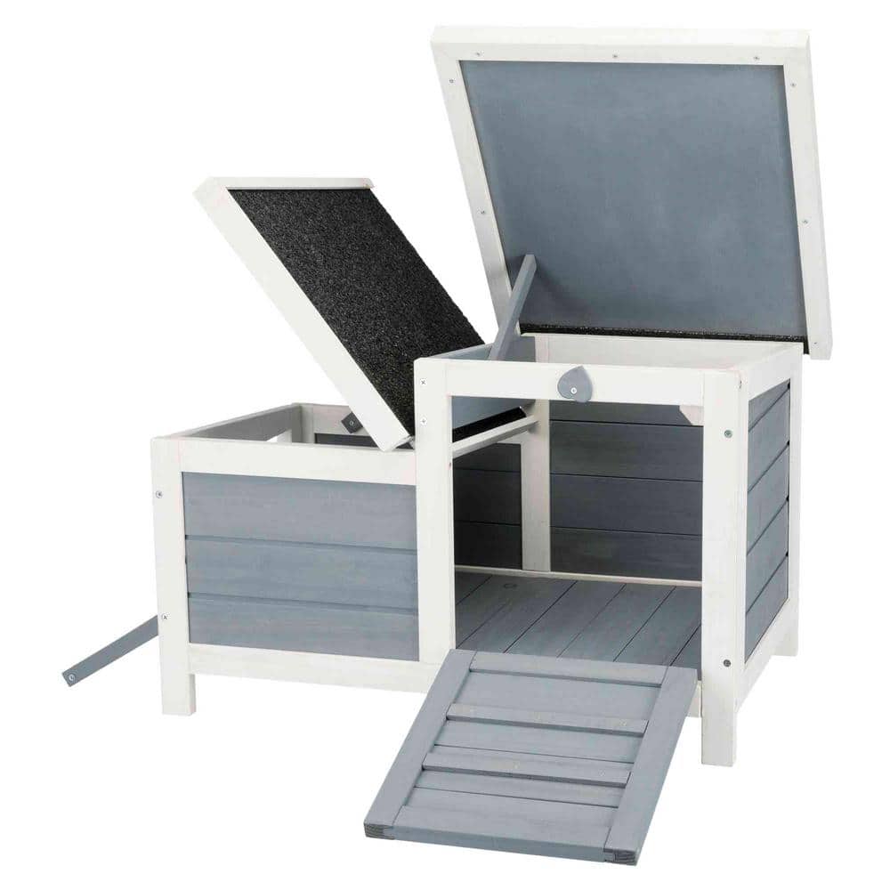 Gray and White Wooden Small Animal Hutch with Hinged Roof