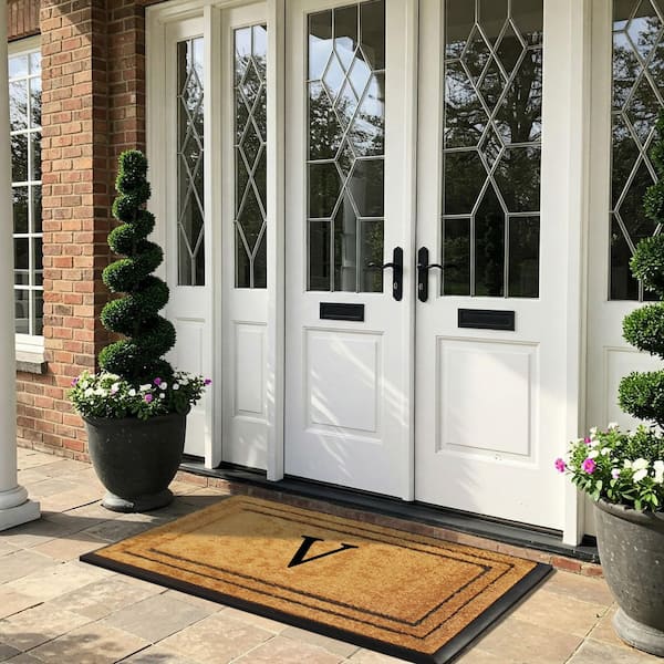 A1HC Natural Coir & Rubber Doormat, 30 in. x 60 in., Thick & Non Slip Monogrammed V Door Mats