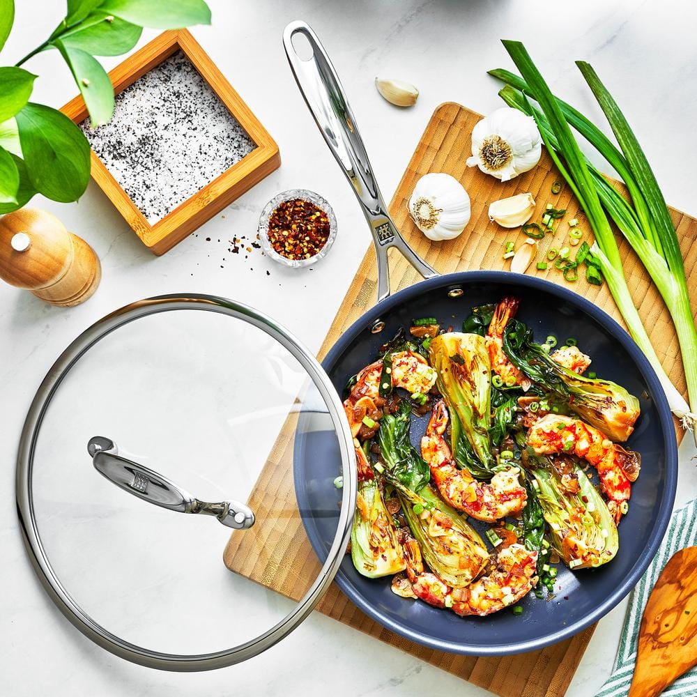 9.5-inch Silver Stainless Steel Ceramic Nonstick Fry Pan with Glass Lid