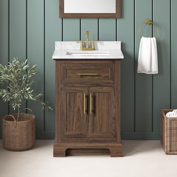 Doveton 24 in. Single Sink Dark Walnut Bath Vanity with White Engineered Marble Top (Assembled)