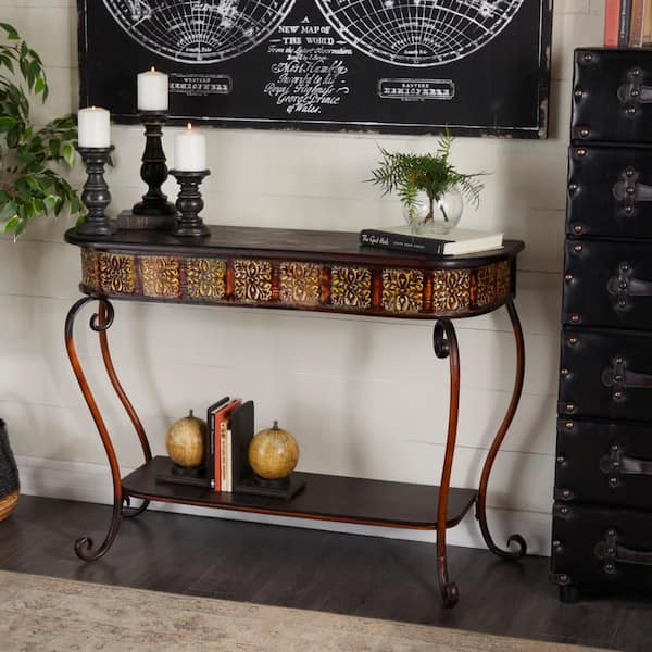 Litton Lane 43 in. Brown Extra Large Rectangle Metal Embossed 1 Shelf Floral Console Table with Ornate Scroll Legs