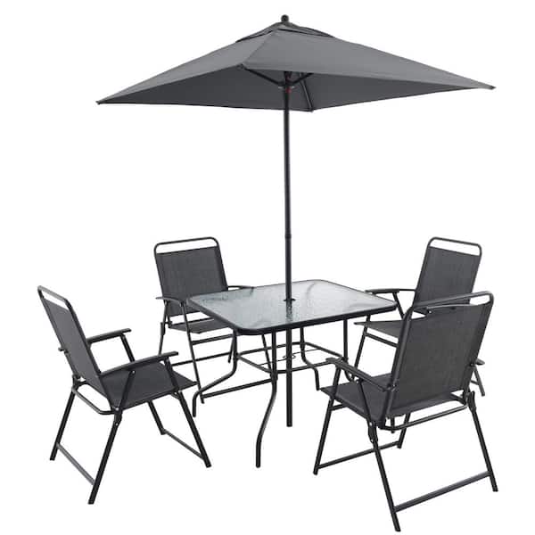 Sudzendf Gray 6-Piece Metal Outdoor Patio Dining Set for 4-People with Umbrella