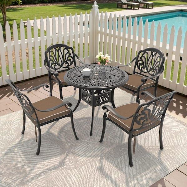 Elizabeth Black 5-Piece Cast Aluminum Outdoor Dining Set with Round Table, Dining Chairs and Brown Seat Cushion