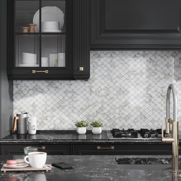 Serena 10 in. x 11 in. Polished White Gray Marble Mosaic Arabesque Wall and Floor Tile (3.75 sq. ft./case)-5 Pack