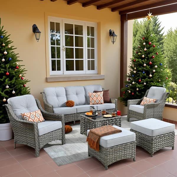 HOOOWOOO Denver 6-Piece Wicker Outdoor Furniture Patio Conversation Sofa Set with a Solar LED Table and Light Cushions