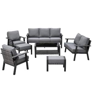 Geneva Grey 7-Piece 7-Seat Wicker Metal Outdoor Patio Conversation Sofa Seating Set with Dark Grey Cushions