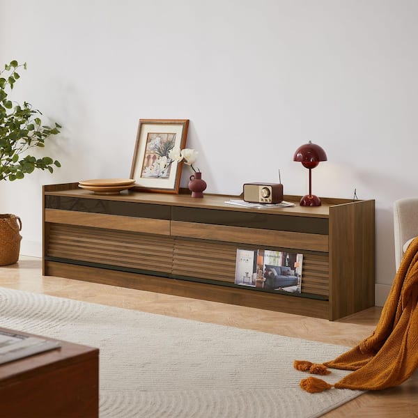 Nestfair 68.9 in. Walnut TV Stand Fits TVs Up to 79 in. with 4-Drawers and Built-In Charging Ports