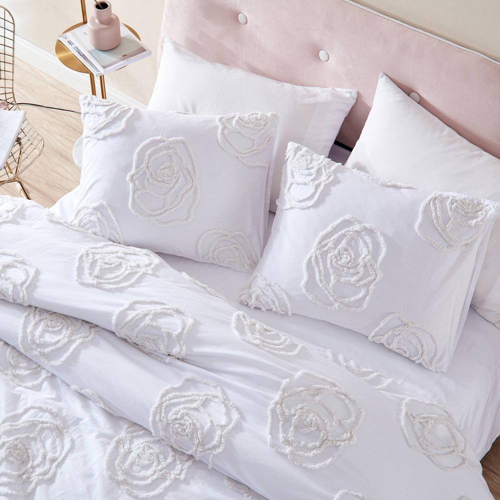 King White Cotton Duvet Cover Set with Textured Rose Accents