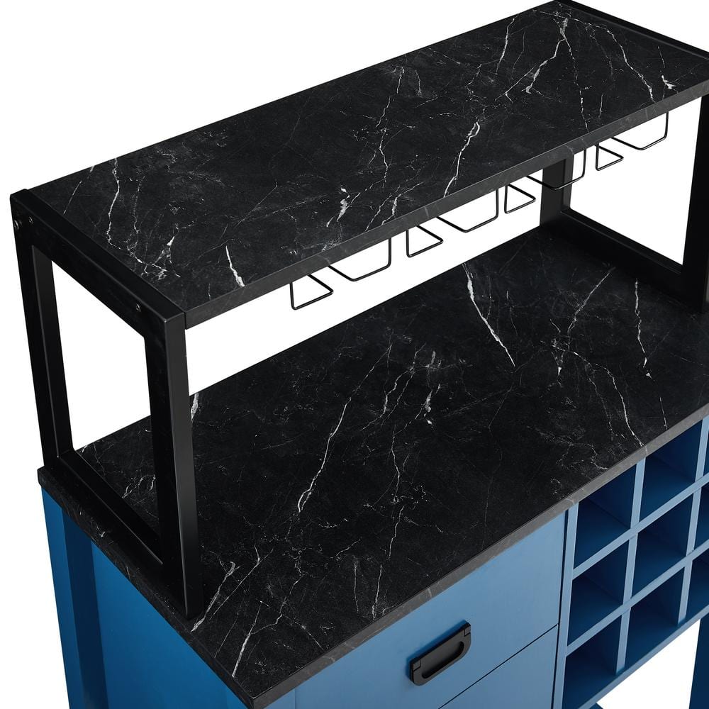 Marbled Blue 32" Wood Buffet Bar Cabinet with Wine Rack