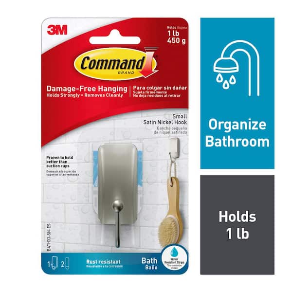Command 1 lb. Small Satin Nickel Bath Hook (1 Hook, 2 Water Resistant Strips)  BATH33-SN-ES - The Home Depot