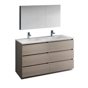 Lazzaro 60 in. Modern Double Bathroom Vanity in Gray Wood with Vanity Top in White with White Basins, Medicine Cabinet