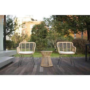 3-Piece Wicker Patio Conversation Set with Brown Cushions and Glass Top Table