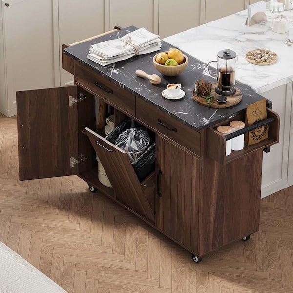 Unbranded Walnut Brown Wood 42 in. Kitchen Island with Internal Storage, Mobile Kitchen Cart with Drop Leaf, Adjustable Shelf