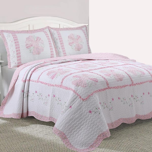 Cozy Line Home Fashions Pink Perfection Camellia Floral Vine 3-Piece Embroidered Ruffle Scalloped Cotton King Quilt Bedding Set