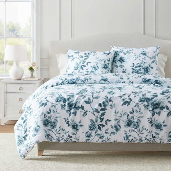 MARTHA STEWART Vivian Floral 2-Piece Storm Cloud Blue Cotton Jacquard ...